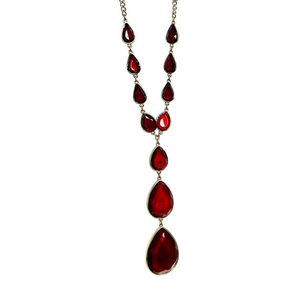 Scarlet Red Large Teardrops Y Drop Gold Tone Statement Necklace - Picture 3 of 3